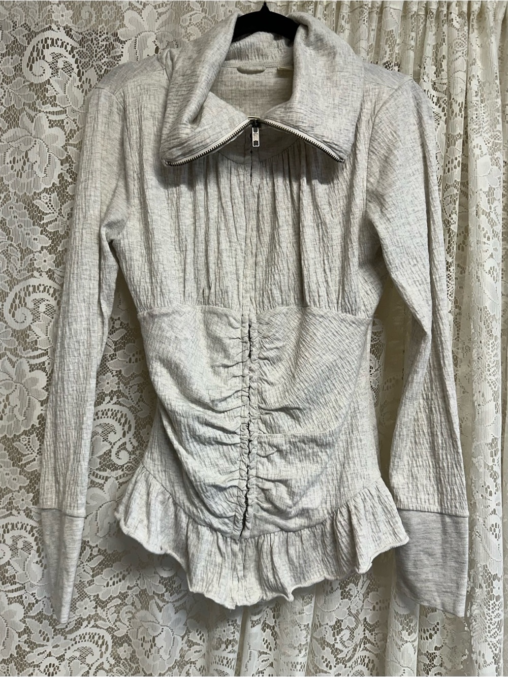 Anthropologie Eloise Ruched Cream Zip Up Ruffled Jacket